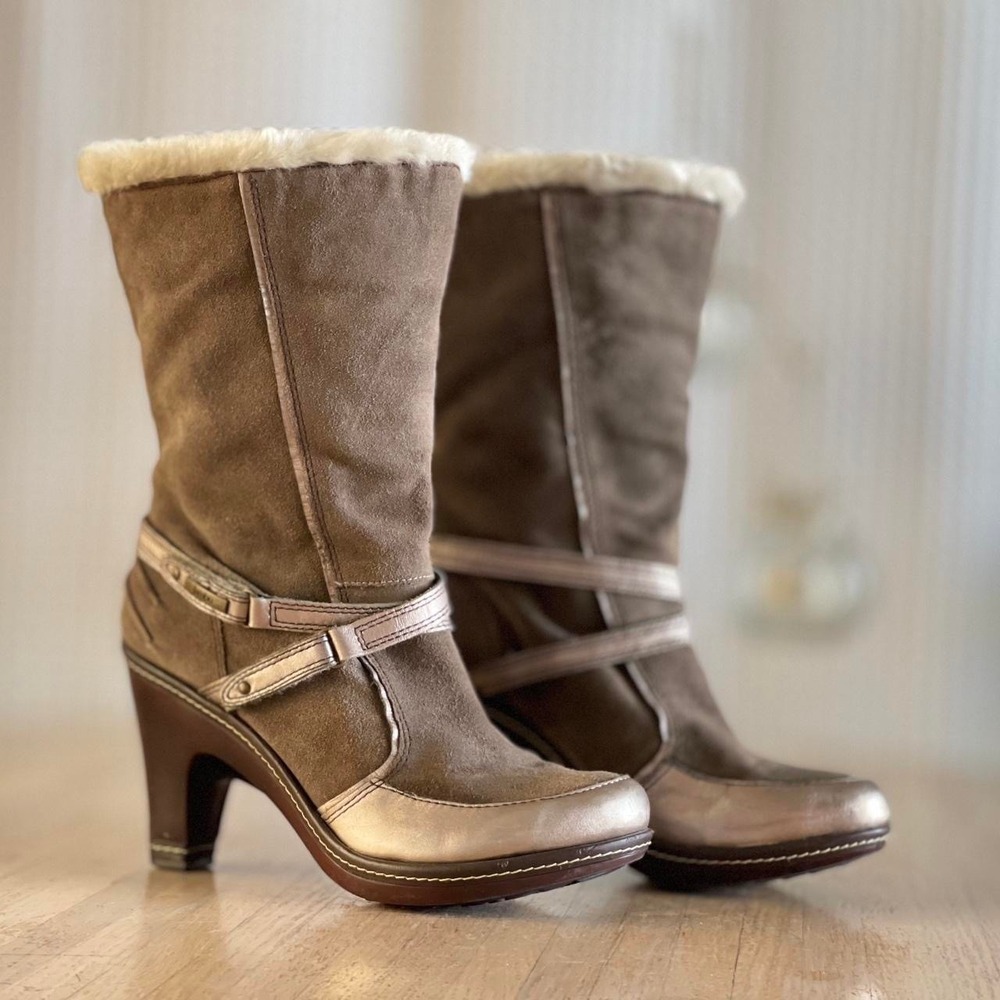 Vintage‎ Y2K Jambu Heeled Boots Faux Fur Trim Brown Suede Leather Shoes Size 6.5